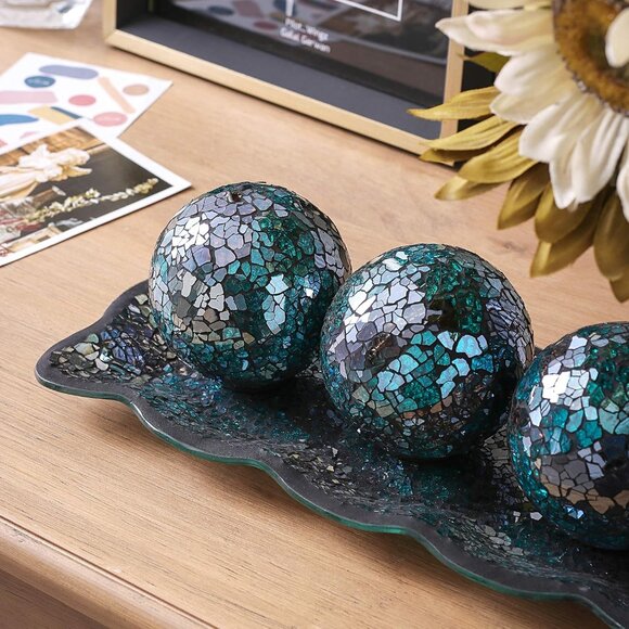 New 12.4" Mosaic Glass Decorative Tray with 3 Decorative Orbs, Living Room Decor - Picture 10 of 12
